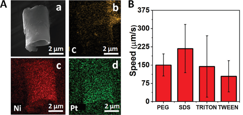 圖2. A)-(a) QBEMRs的SEM和EDX （b-d）圖像。(B)在H2O2濃度為9%和每種表面活性劑濃度為1%時，表面活性劑對QBEMRs速度的影響